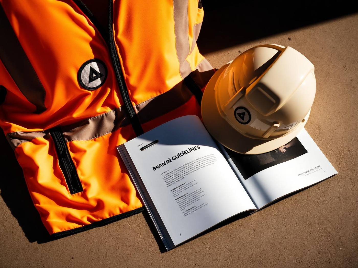 Construction brand materials with a high-visibility jacket and hard hat