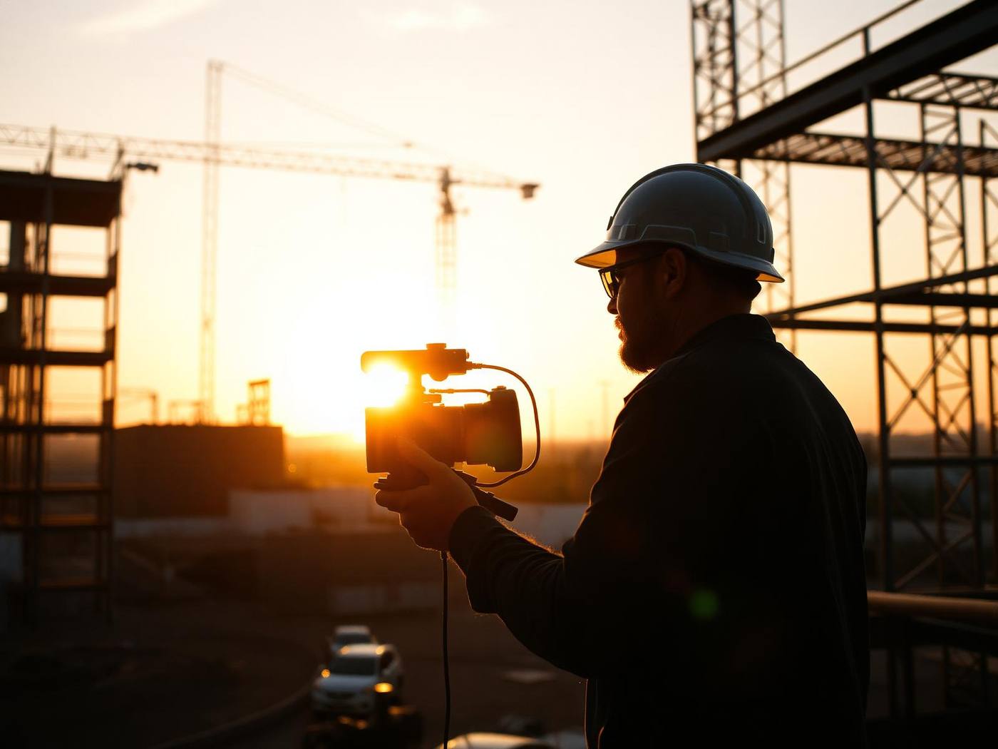 Camera operator filming on a construction site at sunset