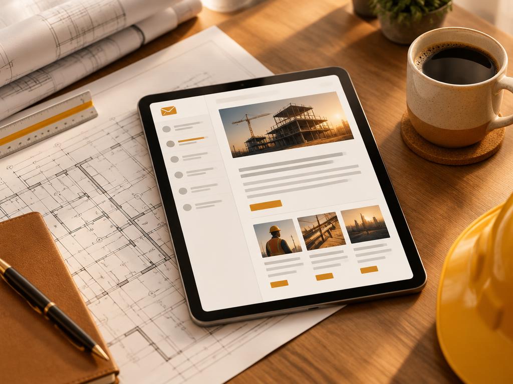 Tablet displaying a construction email newsletter on building plans