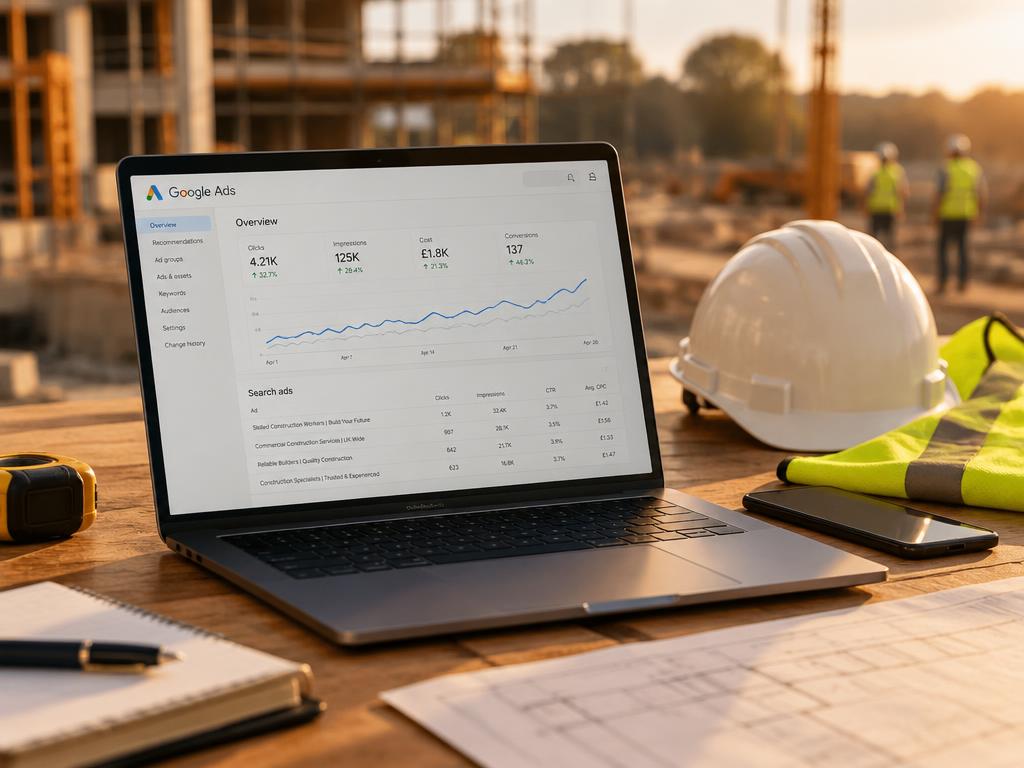 Laptop displaying an advertising dashboard beside a hard hat on a site desk