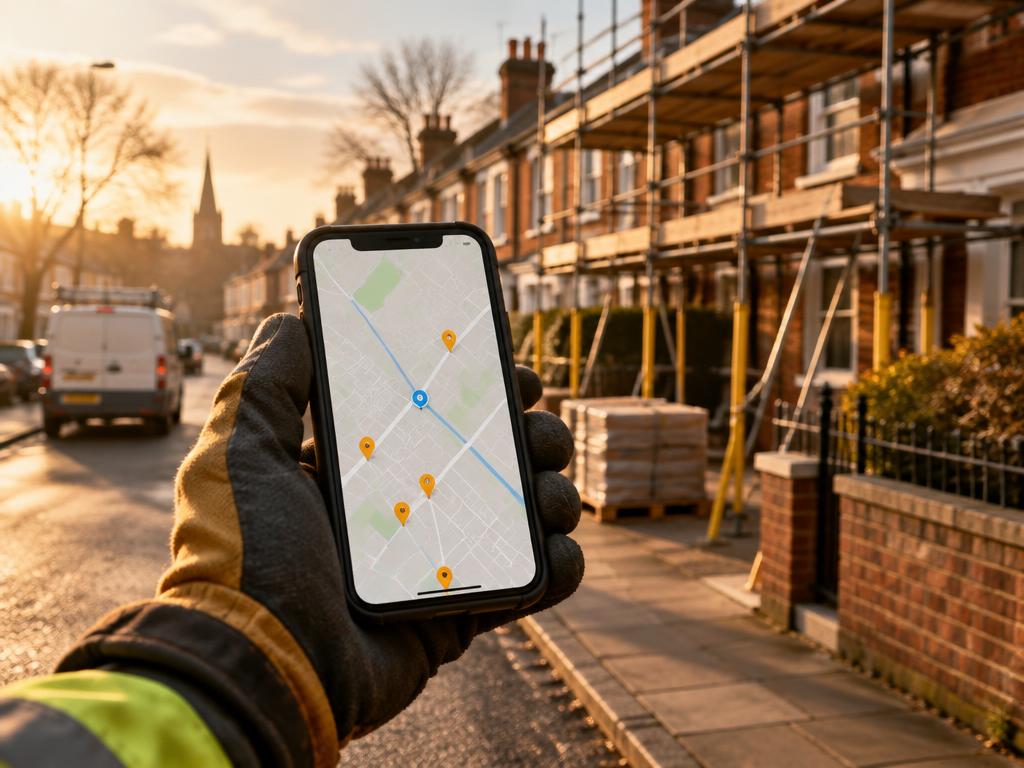 Gloved hand holding a phone with a map beside scaffolded houses