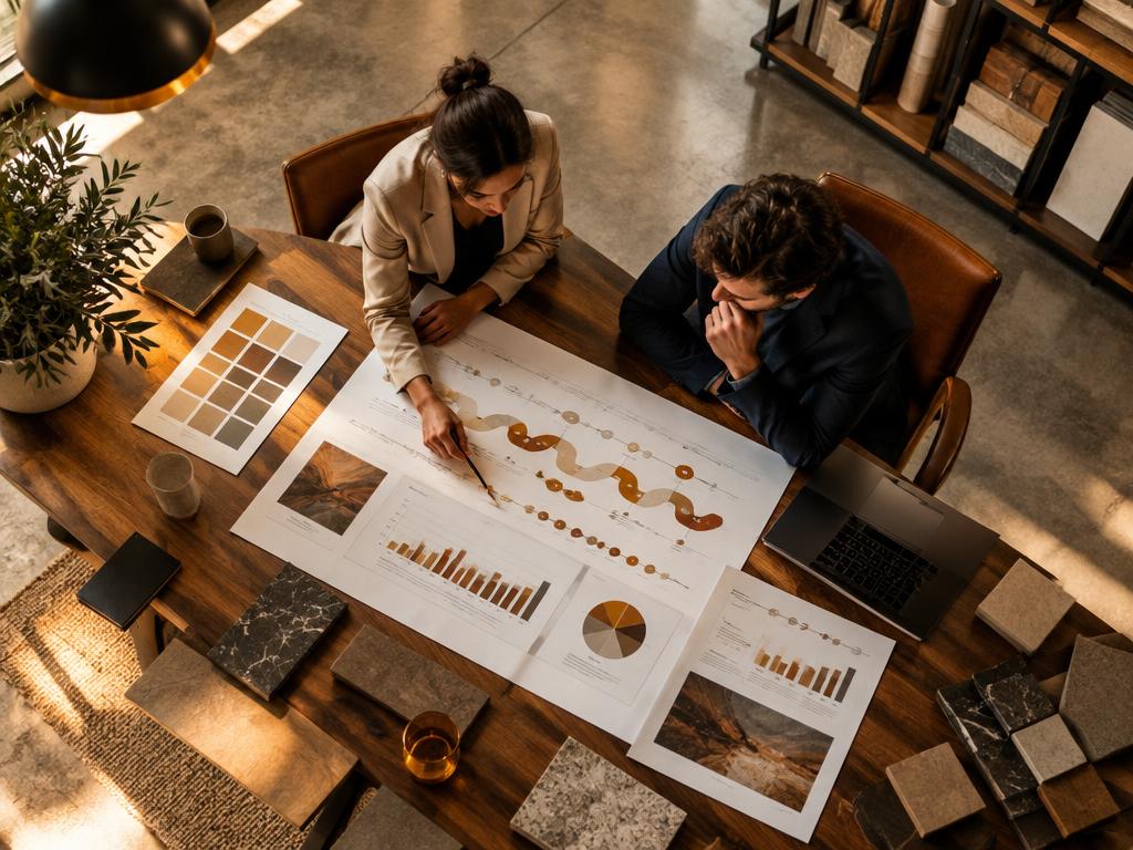 Two people reviewing marketing charts and plans around a table