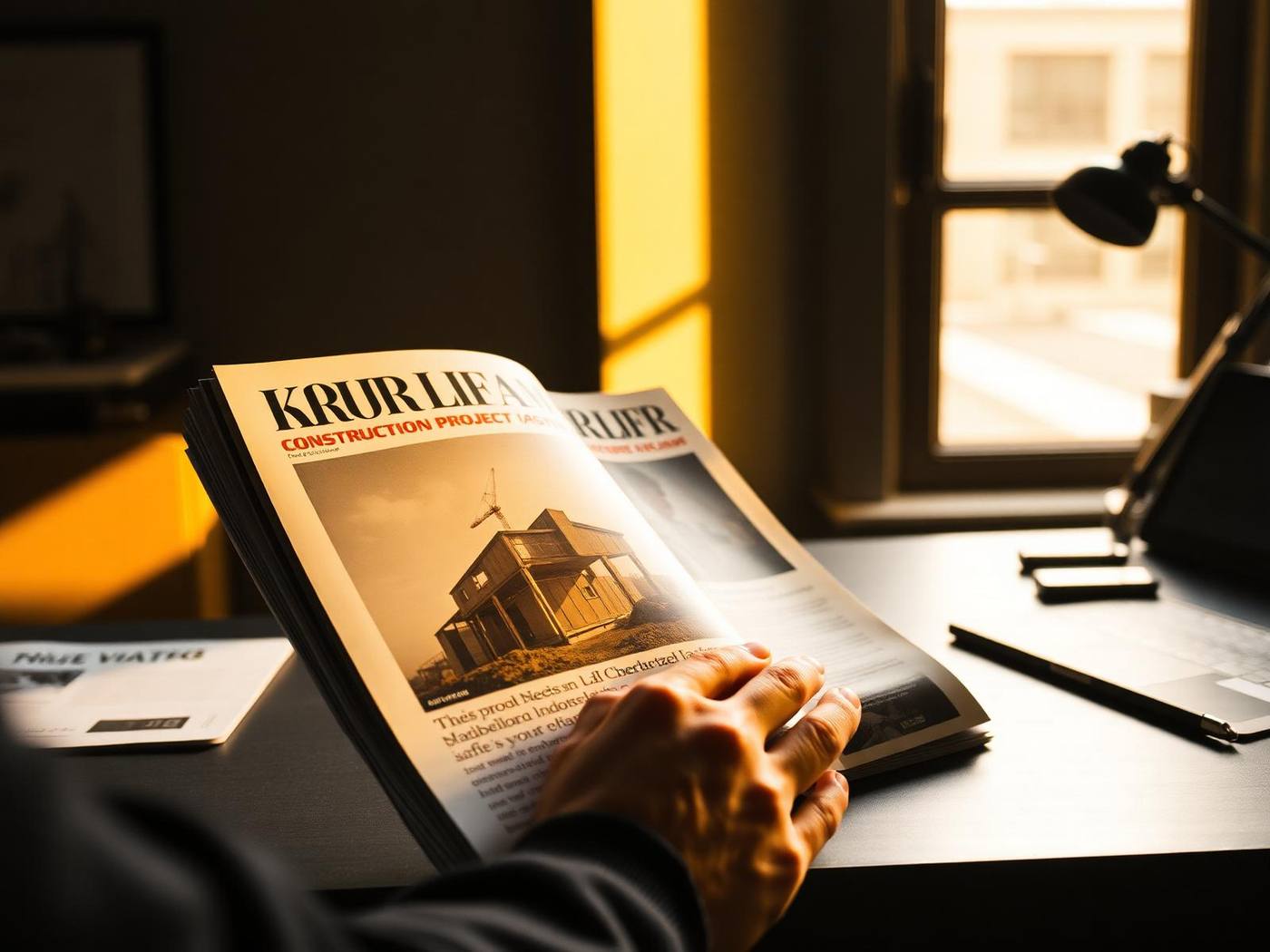 Construction trade magazine being read at a desk