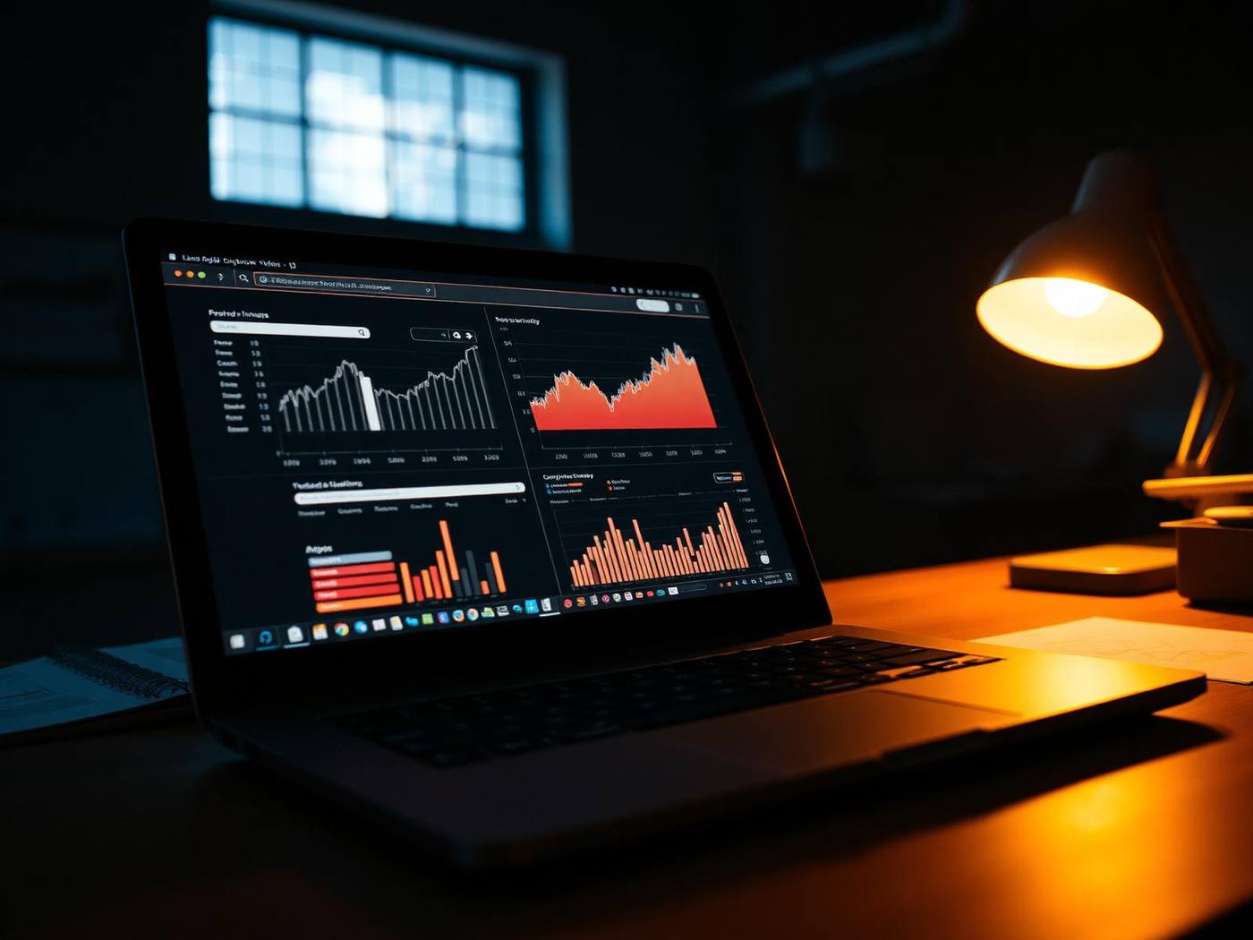 Laptop displaying search analytics charts beside a desk lamp