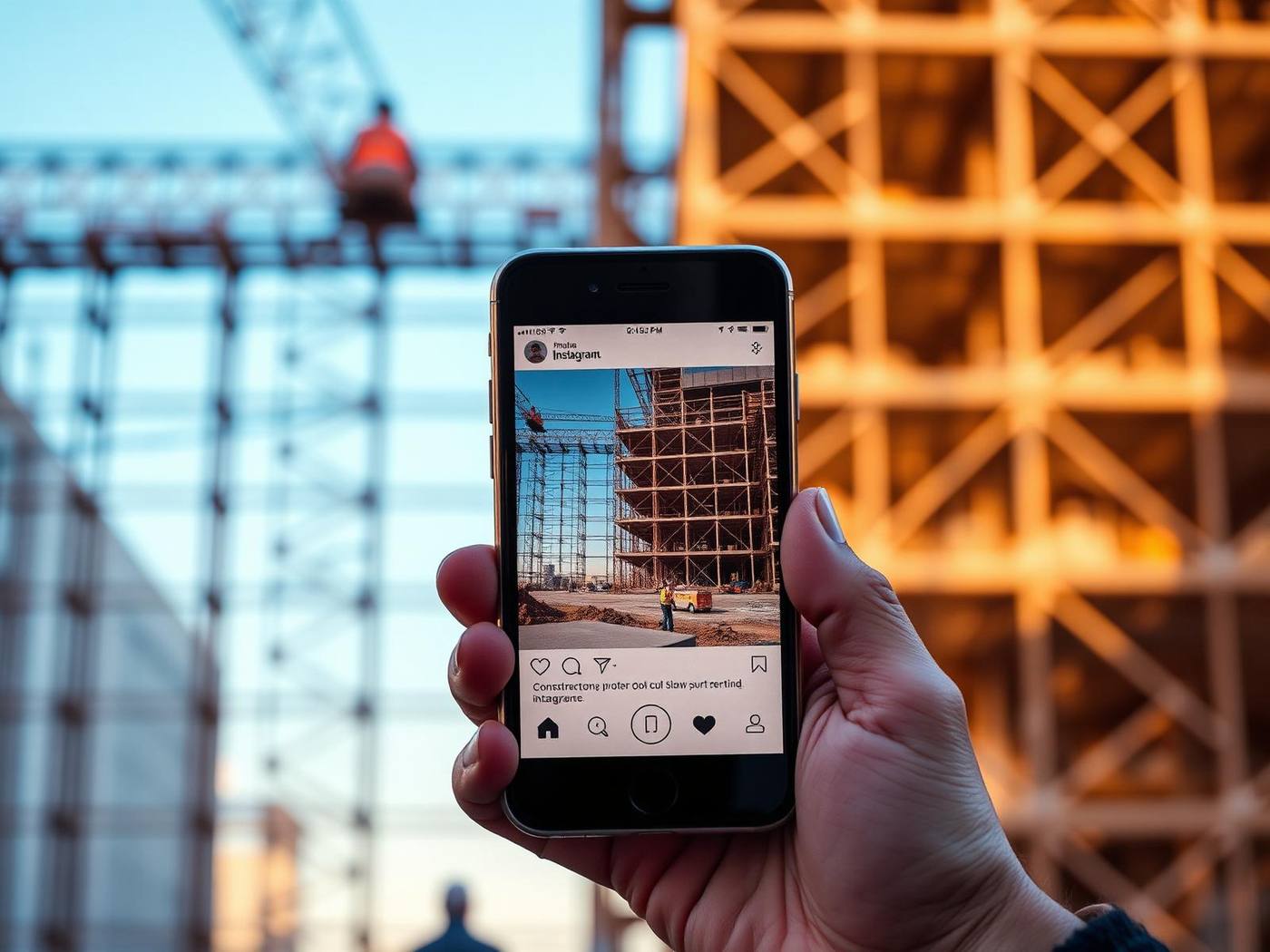 Phone displaying a construction social media post in front of scaffolding