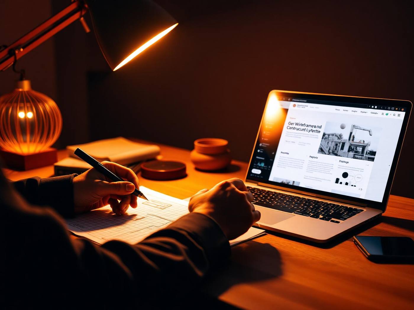Designer working on a construction website on a laptop